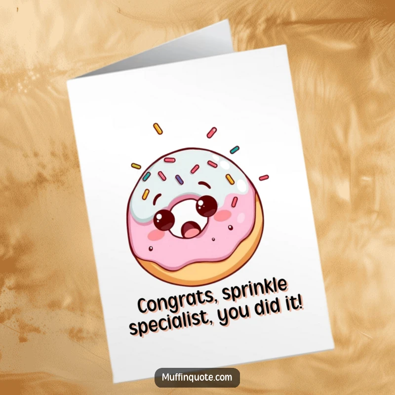 Funny Free Printable Congratulations Card showing a surprised donut character receiving a shower of colorful sprinkles, celebrating a sweet victory.