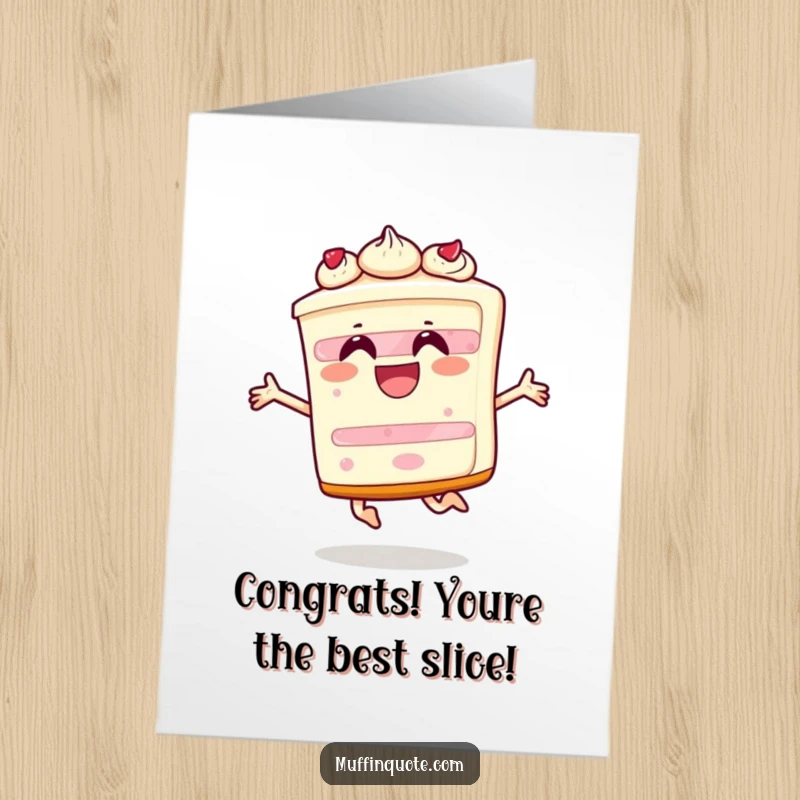 Funny Free Printable Congratulations Card of a happy cake slice character leaping with joy, celebrating a wonderful success.