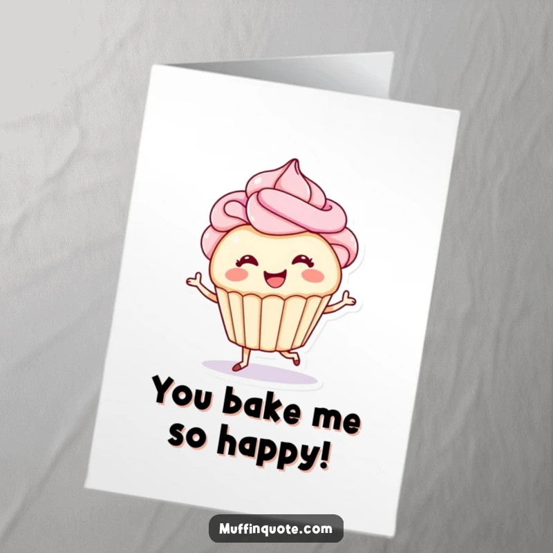 Funny Free Printable Congrats Card: A smiling cupcake with frosting hair performs a happy tap-dance to celebrate.