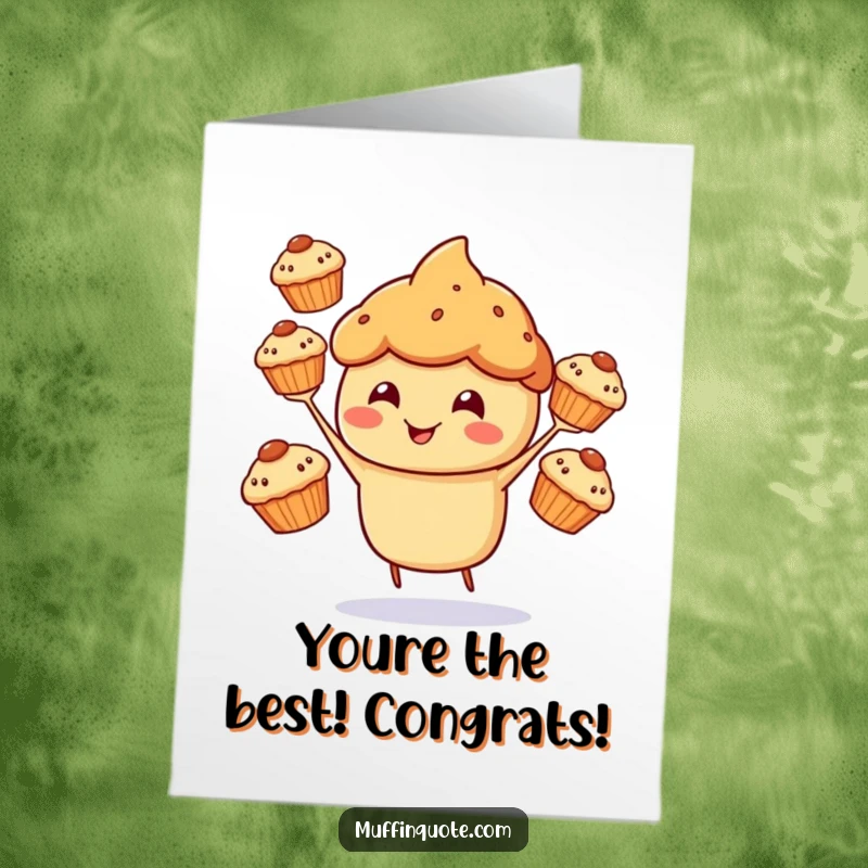 Funny Free Printable Congratulations Card: A cheerful muffin character happily juggling three smaller muffins, celebrating achievements with a sweet flair.