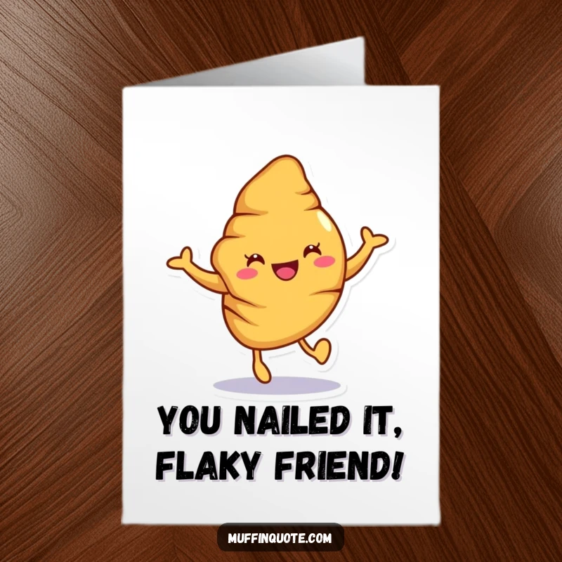 Funny Free Printable Croissant Congrats Card: A happy croissant character hopping with excitement to celebrate your success.