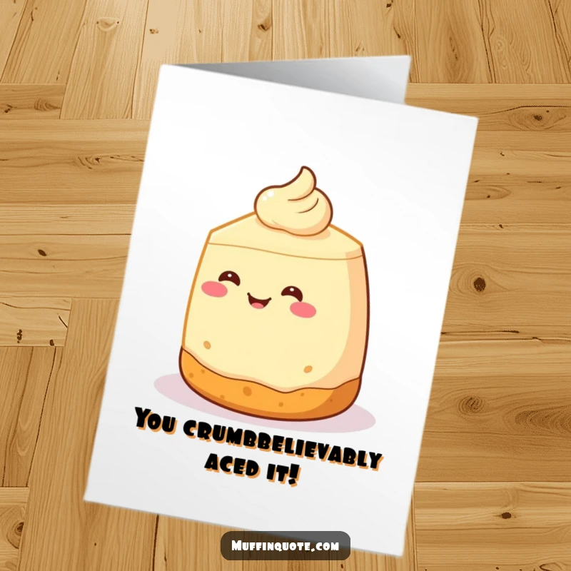 Funny Free Printable Congratulations Card of a smiling cheesecake with a crust base doing a celebratory spin, looking delighted.