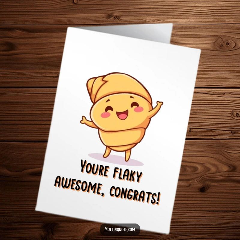 Free printable congratulations card showcasing a happy, jigging croissant with buttery layers, perfect for celebrating any awesome accomplishment.