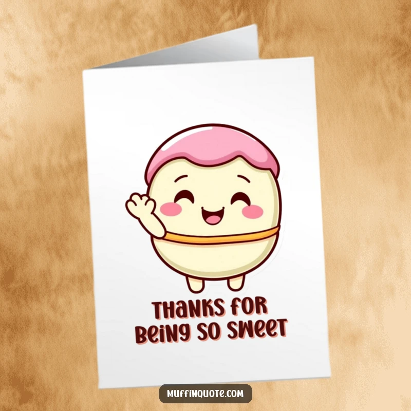 Funny Free Printable Macaron Thank You Card with a delighted pastel macaron character offering a shy wave, conveying sincere thanks.