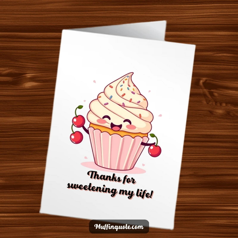 Free Printable Thank You Card: A smiling cupcake with sprinkles flying juggles cherries, offering a sweet and colorful thank you.