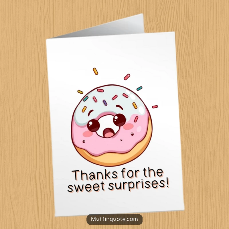 Funny Free Printable Thank You Card featuring a surprised donut character getting a fun surprise of colorful sprinkles, expressing thanks.