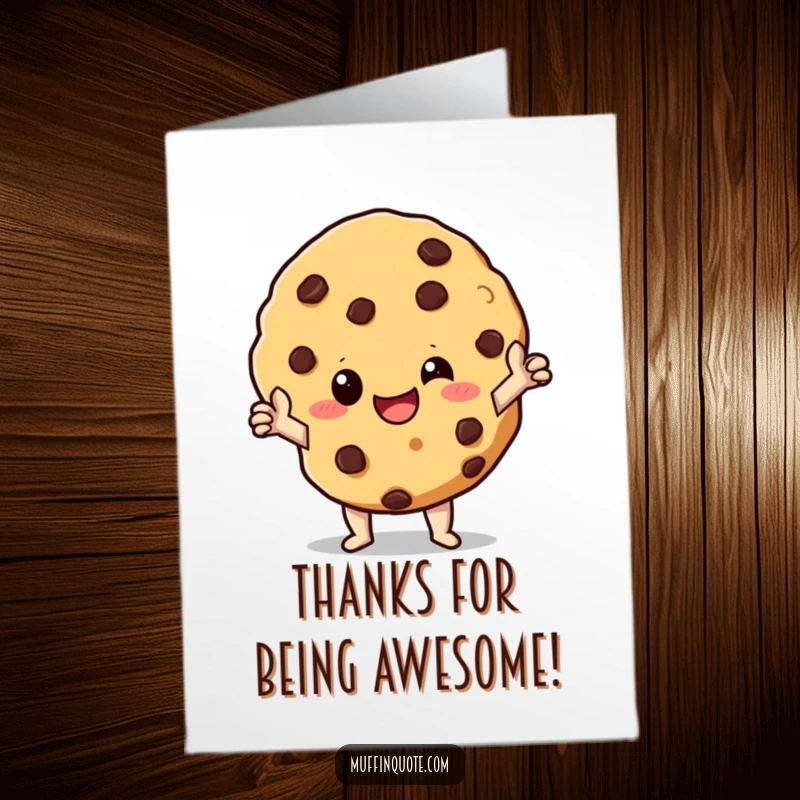 Funny Free Printable Thank You Card: A giggling cookie character with chocolate chips strikes a brave, heroic pose, expressing thanks.