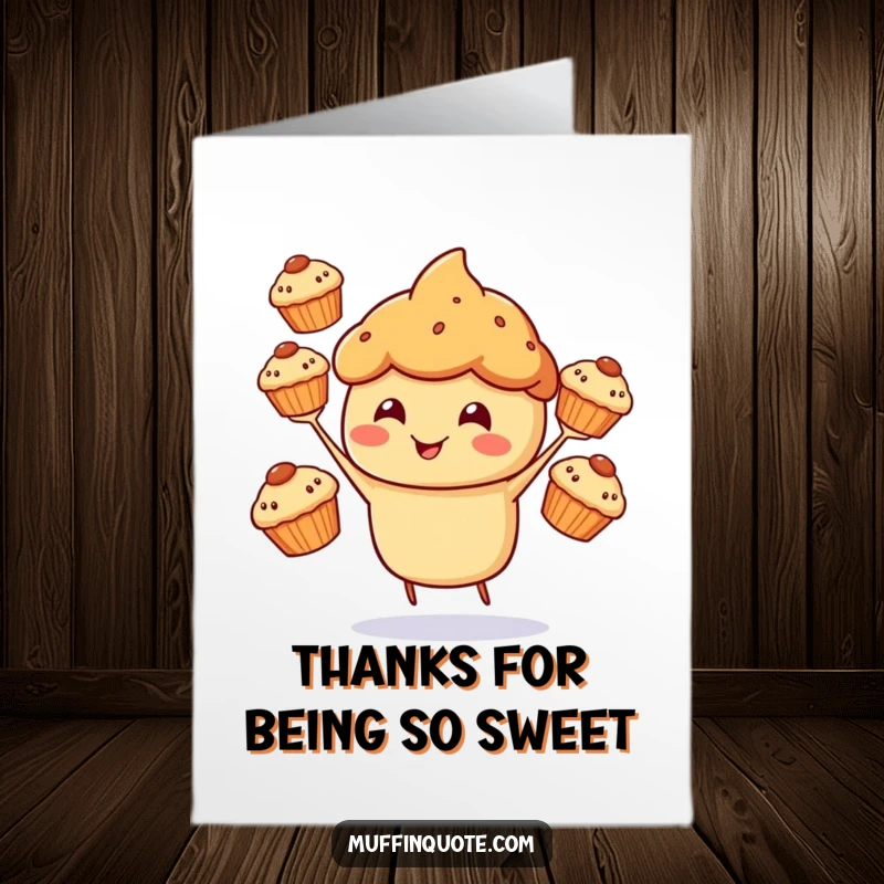 Funny Free Printable Thank You Card: A cheerful muffin character happily juggling three smaller muffins, a charmingly sweet thank you.