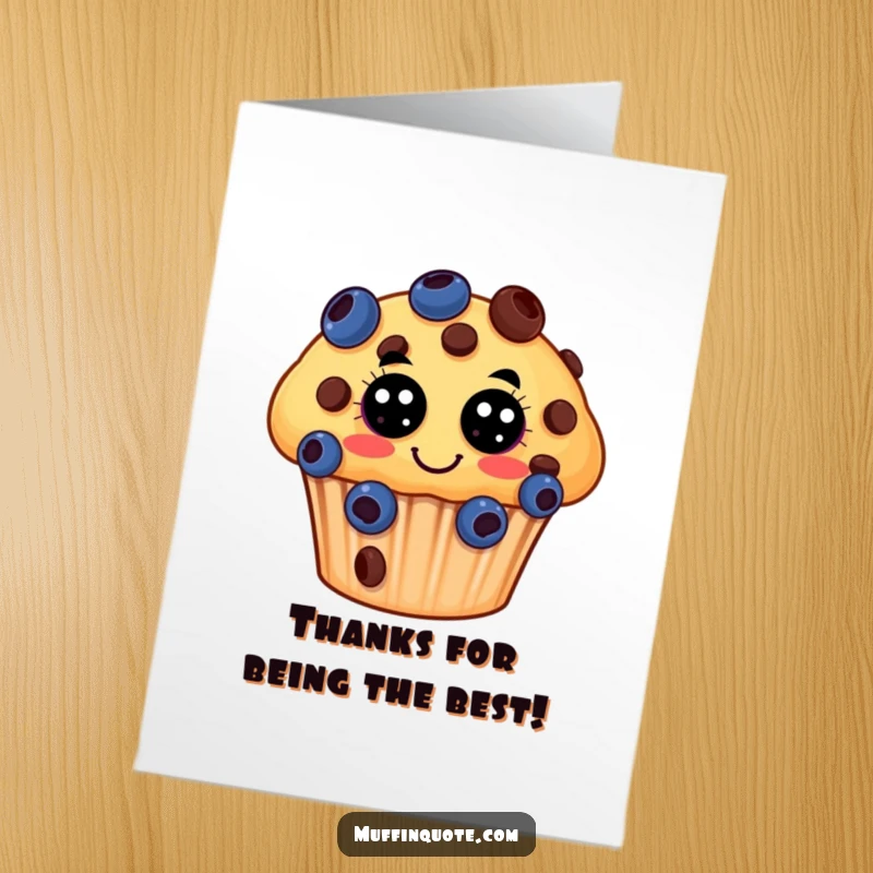 Funny Free Printable Thank You Card: A cheerful muffin with chocolate chip eyes juggles blueberries, offering thanks.