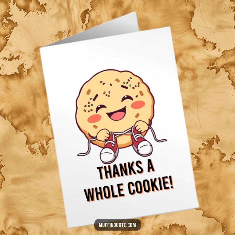 Funny free printable thank you card of a grinning cookie, sprinkles for freckles, comically fumbling with its shoelaces.