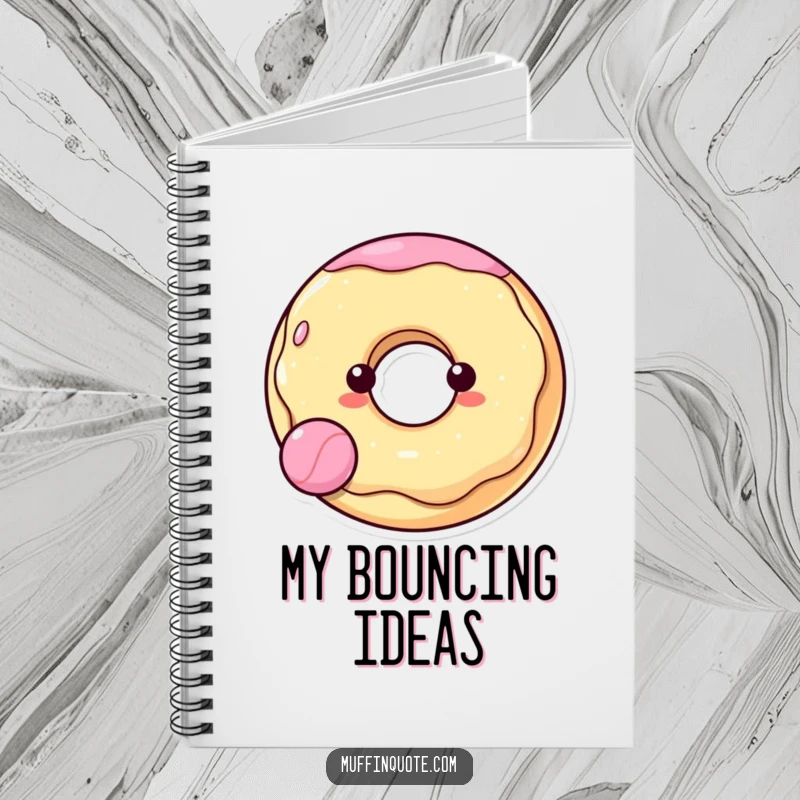 Funny, cheerful donut character bouncing a ball on the cover of a notebook, ideal for jotting down happy thoughts.
