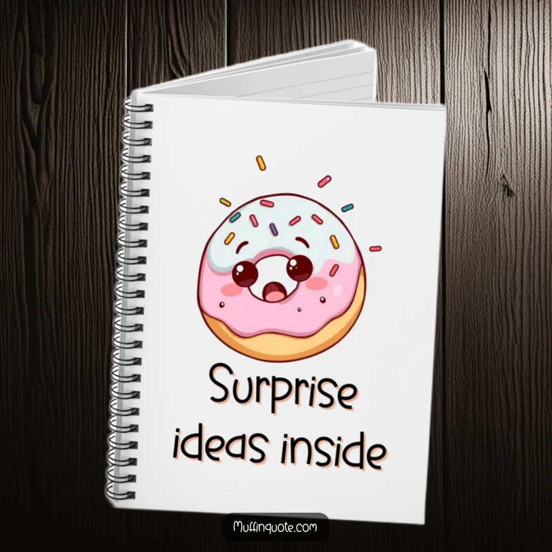 Funny notebook cover with a surprised donut character receiving a delightful shower of colorful sprinkles, inspiring sweet ideas.