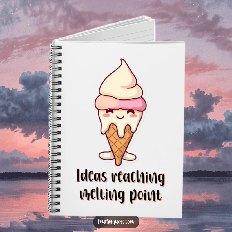 Funny melting ice cream cone notebook cover, featuring a grinning character enjoying a sweet melt, great for journaling.