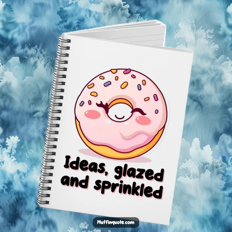 Funny donut notebook featuring a cheerful sprinkles character winking playfully, ideal for capturing notes with sweet humor.