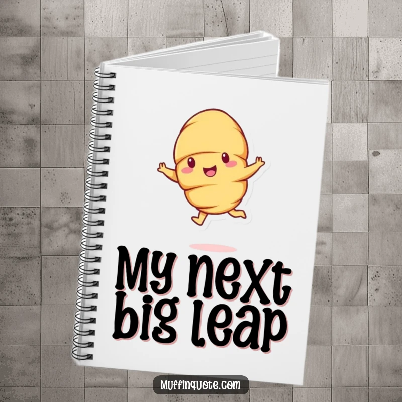 Funny cheerful croissant character doing a bouncy leap, a humorous notebook for jotting ideas.