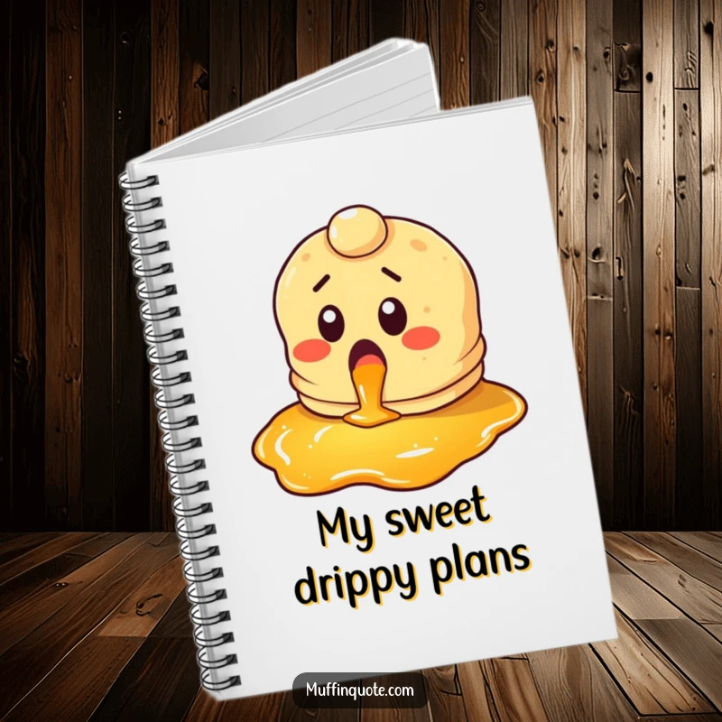 Funny pancake notebook with a surprised character looking gleefully at syrup, perfect for jotting down ideas with breakfast humor.