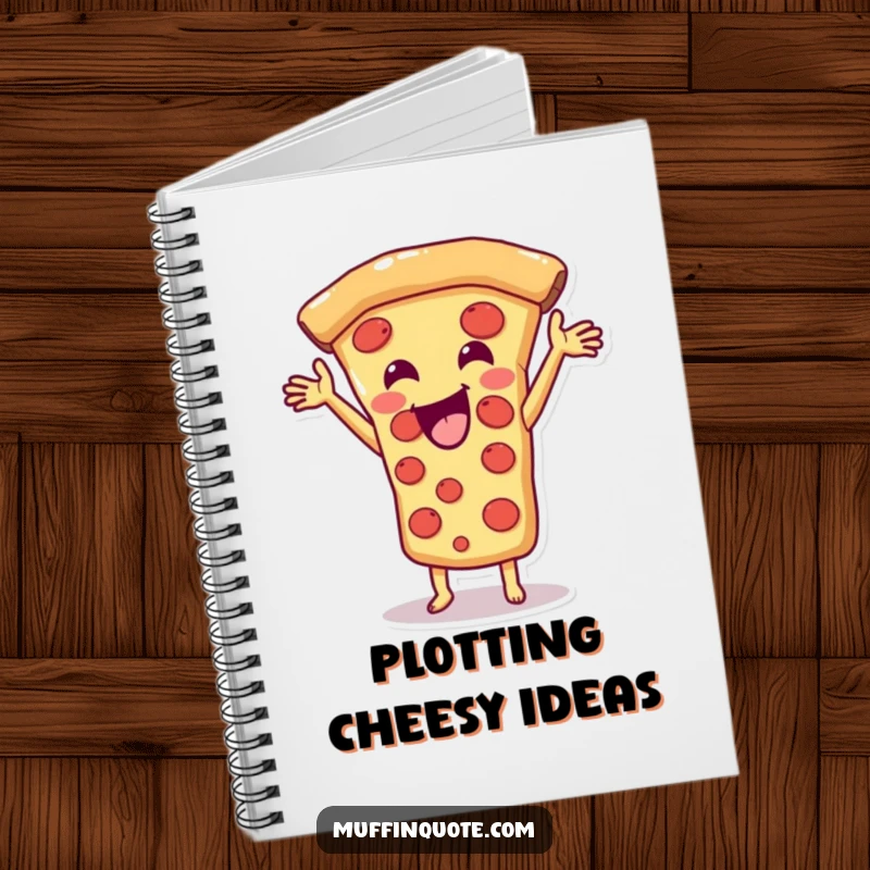 Funny Pizza Slice Notebook featuring a happy character stretching cheese, ideal for journaling and as a funny gift for note-takers.