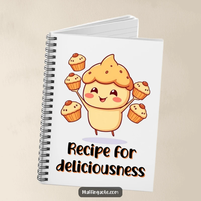 Funny Notebook cover showing a cheerful muffin character happily juggling three smaller muffins.