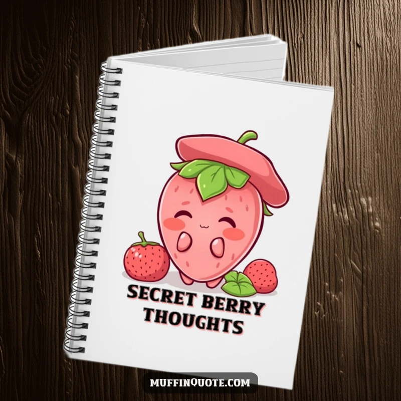 Funny Strawberry Shy Notebook featuring a blushing strawberry character hiding, ideal for journaling and as a funny gift.