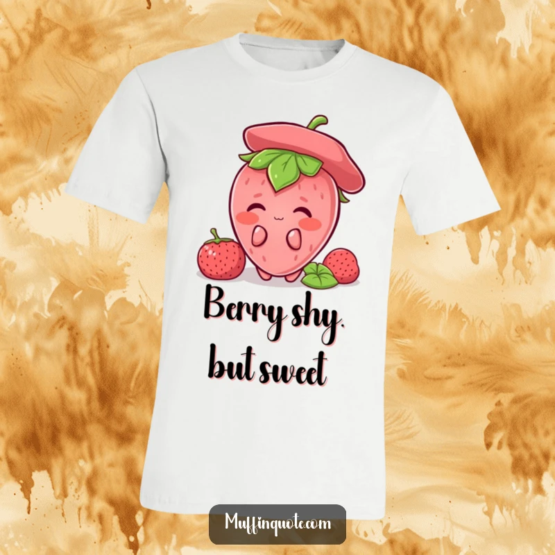 Funny Strawberry Shy T-Shirt displaying a blushing strawberry character hiding behind its leaves, perfect for fruit enthusiasts and as a funny gift.