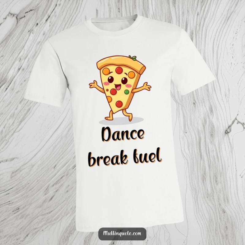 Funny pizza slice character with toppings dancing a jig, a humorous and wearable piece of art.