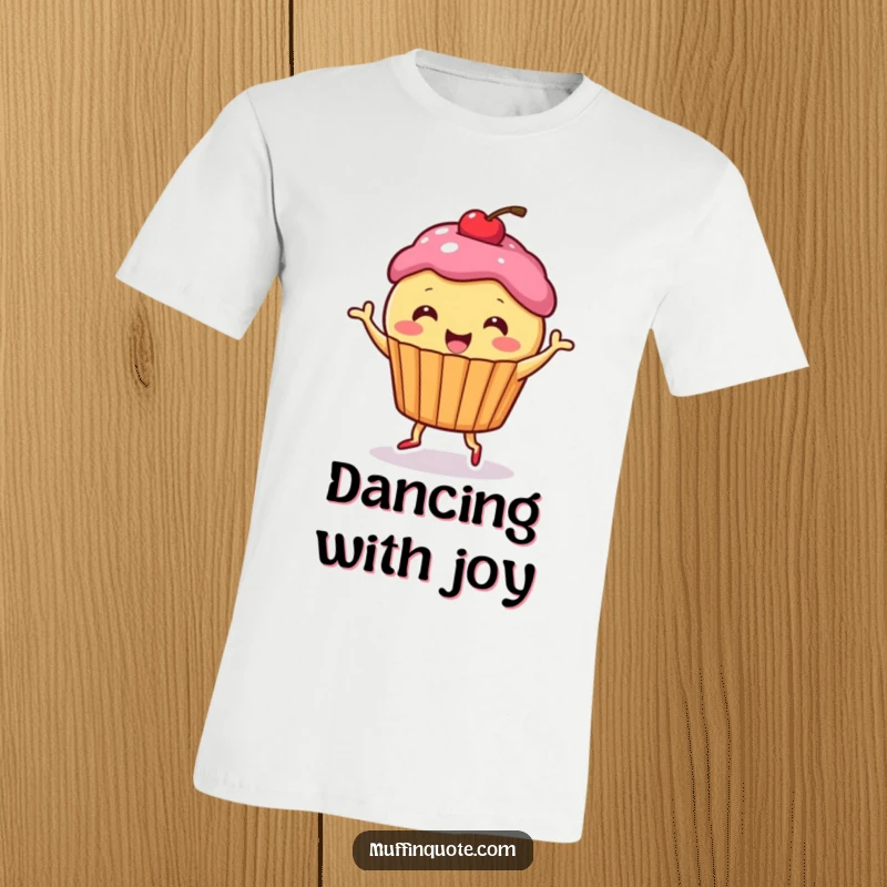 Funny T-Shirt: Cute muffin character with a cherry on top, dancing happily, ideal for bakers and as a funny gift.