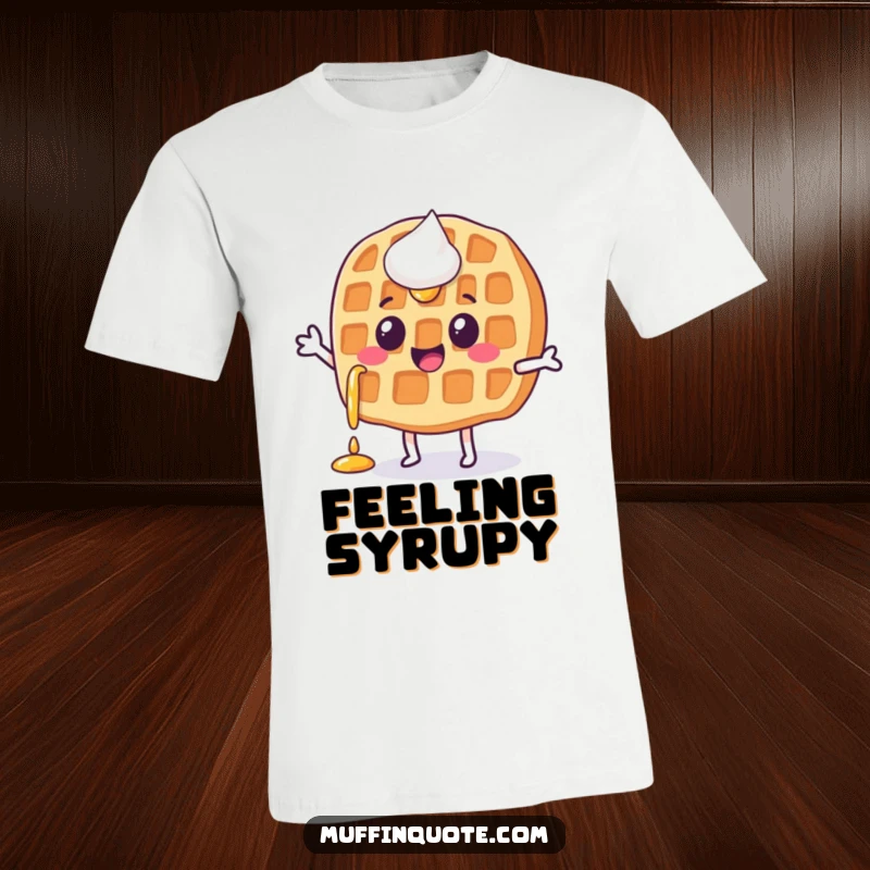 Funny, happy waffle character with syrup dripping, doing a little jig, featured on this lively t-shirt.