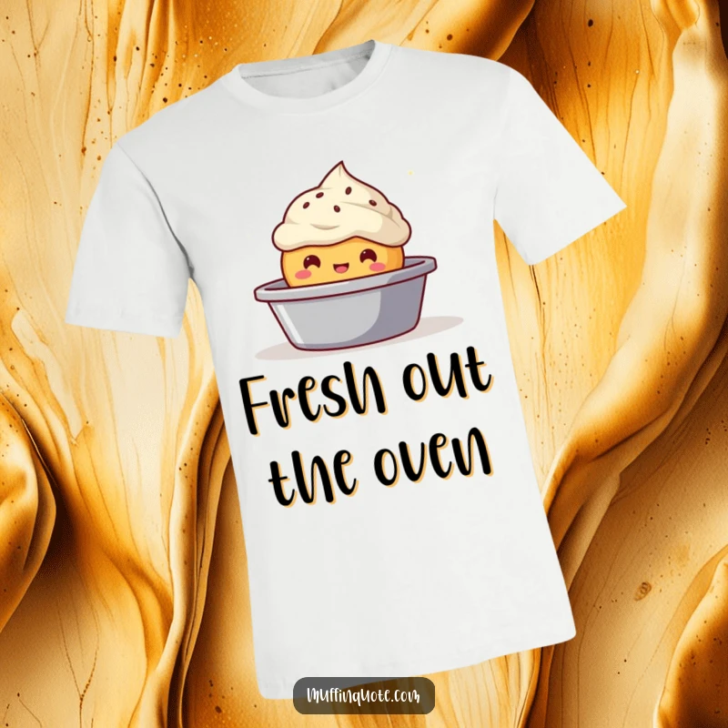 Funny bubbly muffin character in a t-shirt, popping out of a baking tin, casual and fun apparel.