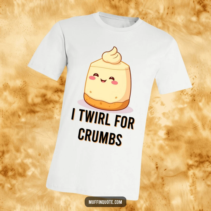 Funny T-Shirt: A smiling cheesecake character with a visible crust base is captured mid-spin, looking joyful and ready to party.