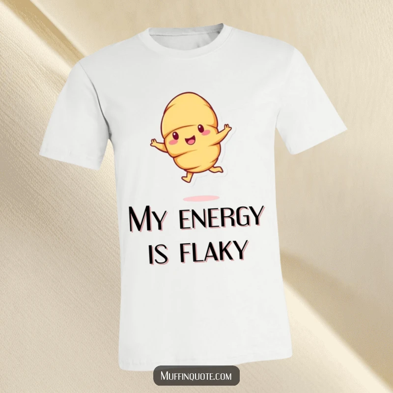 Funny cheerful croissant character mid-bouncy leap, a humorous and energetic t-shirt design.