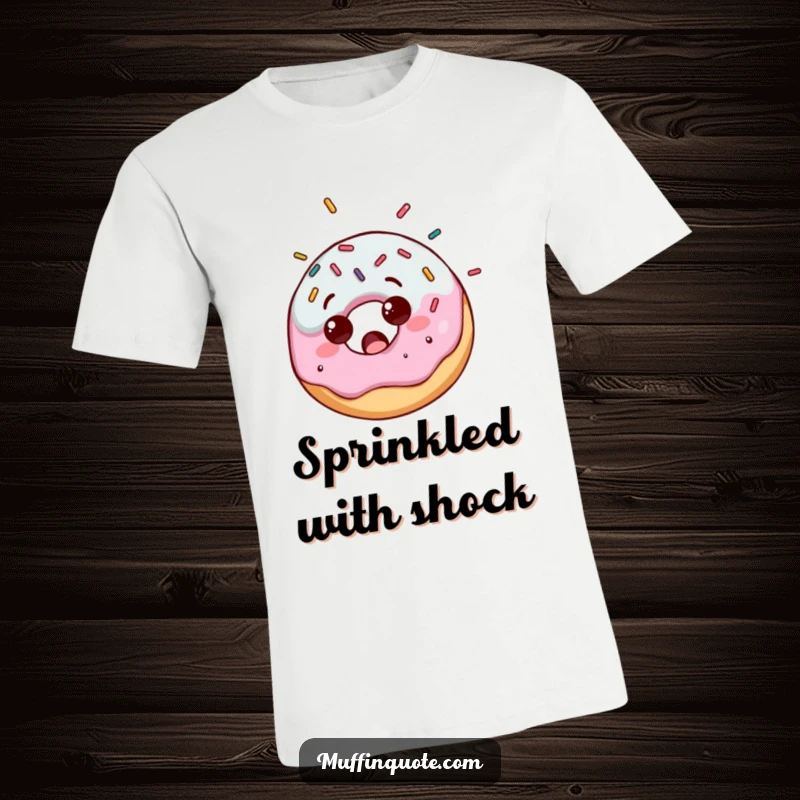 Funny T-shirt depicting a surprised donut character receiving a delightful shower of colorful sprinkles, expressing pure sweet shock.