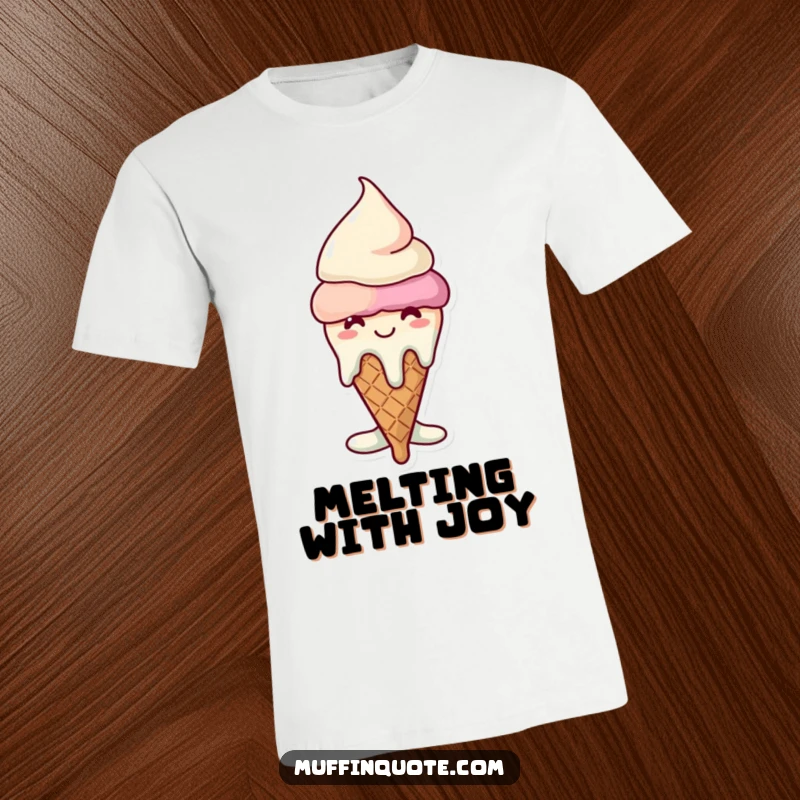 Funny melting ice cream cone t-shirt graphic, depicting a happy character enjoying the melt, perfect for casual wear.