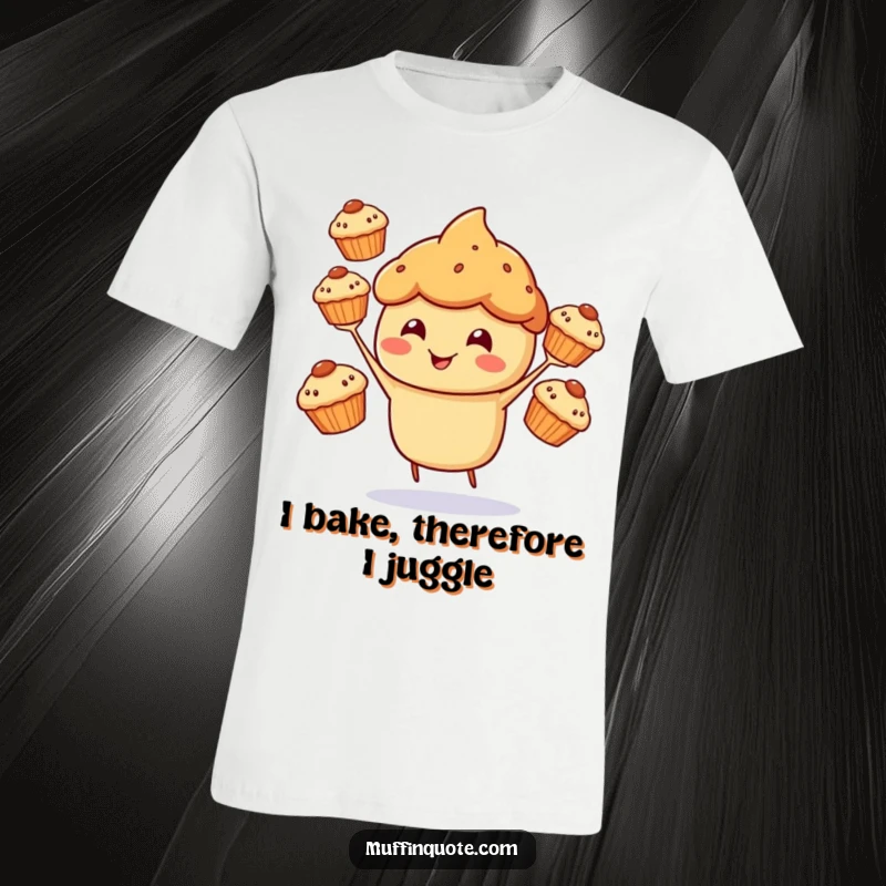 Funny T-Shirt of a cheerful muffin character happily juggling three smaller muffins.