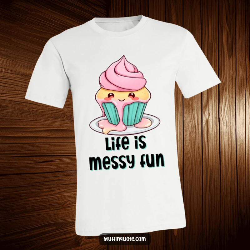 Funny cupcake character t-shirt with frosting artistically dripping, a humorous and sweet apparel choice.