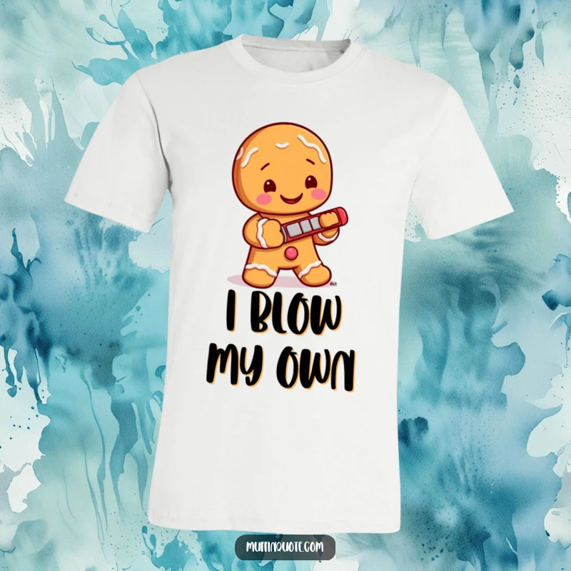 Funny T-Shirt: A jolly gingerbread man with cute icing buttons is captured mid-performance, playing a miniature harmonica with glee.