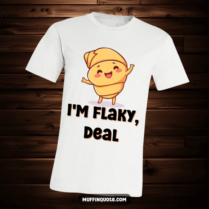 Funny croissant t-shirt showcasing a delighfully jigging pastry with flexing buttery layers, perfect for casual, humorous wear.