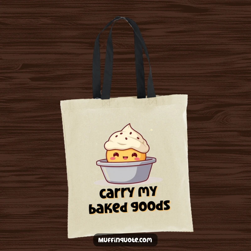 Funny bubbly muffin character tote bag design, emerging from a baking tin, great for shopping.