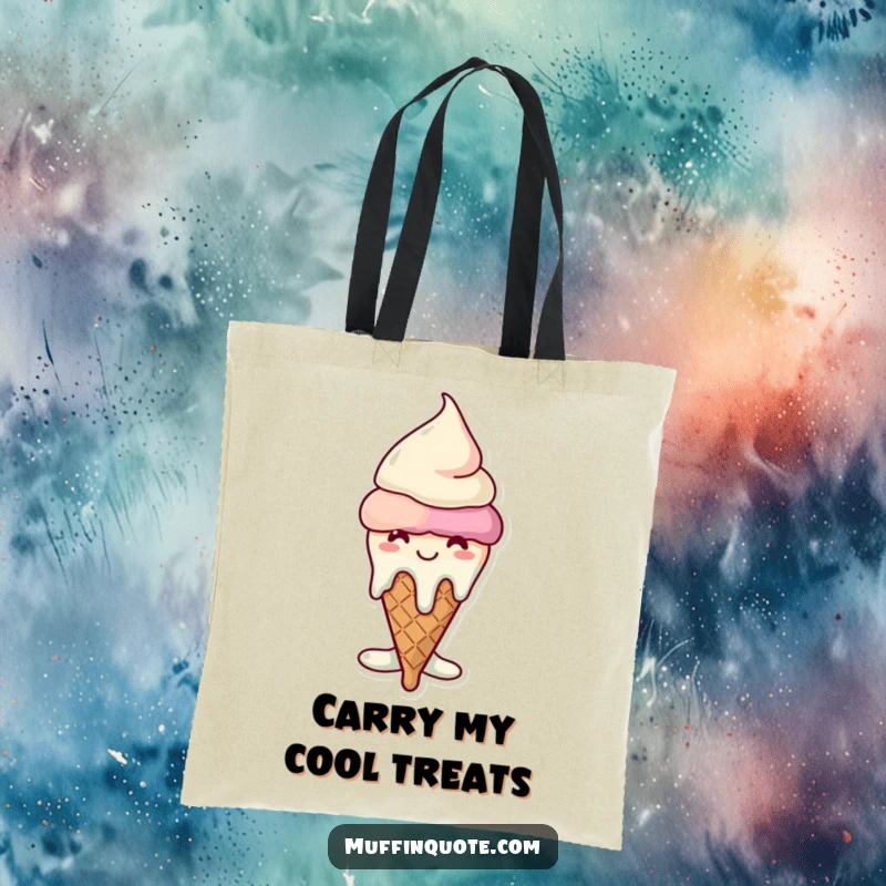 Funny melting ice cream cone tote bag, a happy character in mid-melt, practical for shopping and daily use.
