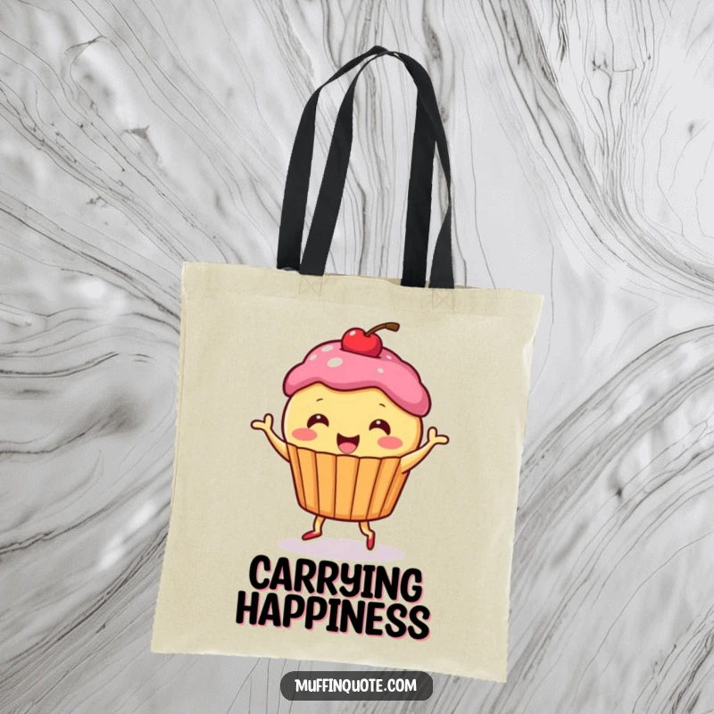 Funny Tote Bag: Cute muffin character with a cherry dancing happily, perfect for carrying essentials with a sweet vibe.