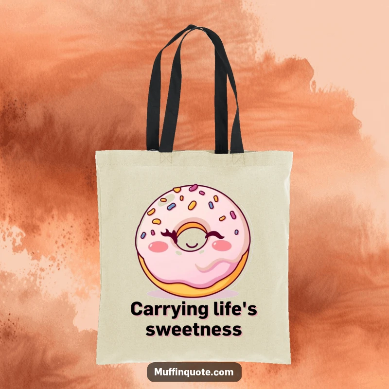 Funny donut tote bag featuring a cheerful character with sprinkles winking playfully, a cute and humorous carry-all.