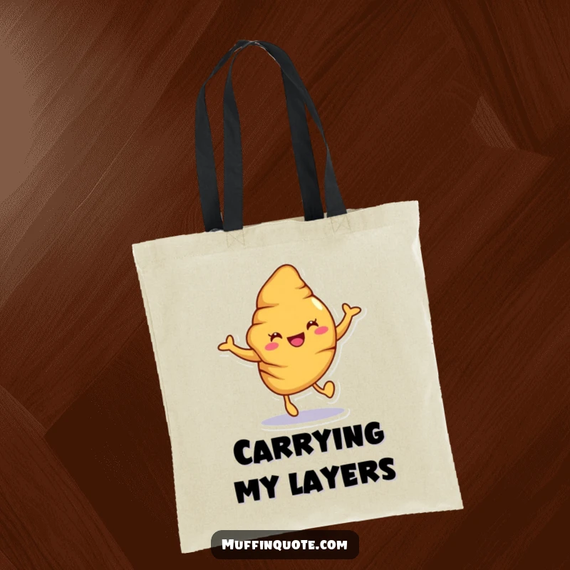Funny croissant tote bag with a joyful character hopping, celebrating freshly baked goodness and adding humor to errands.