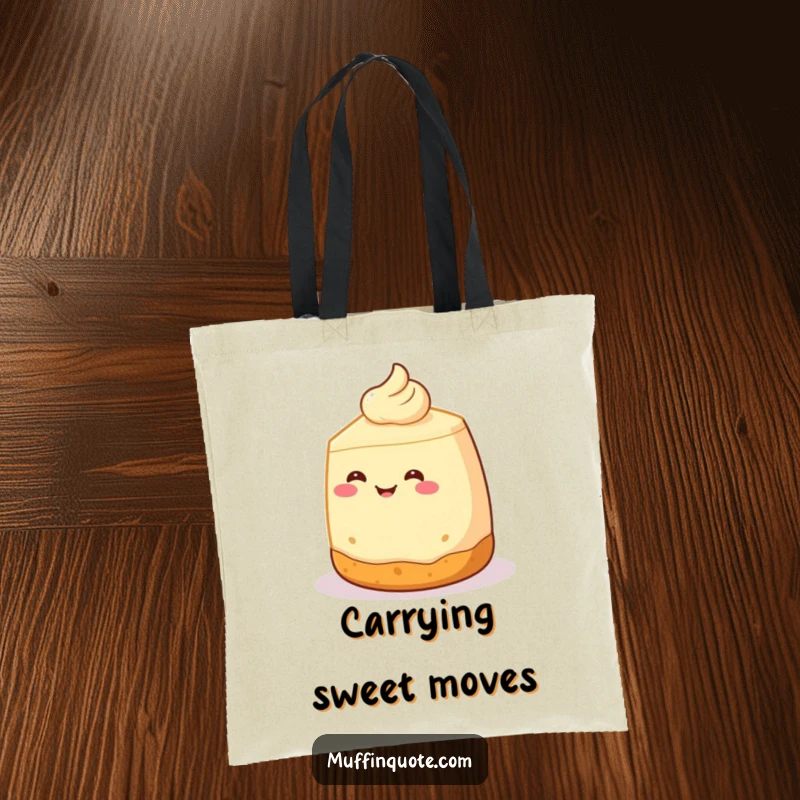 Funny Tote Bag: A smiling cheesecake with a crust base performs a delightful spin, making it a perfect and humorous bag for carrying groceries.