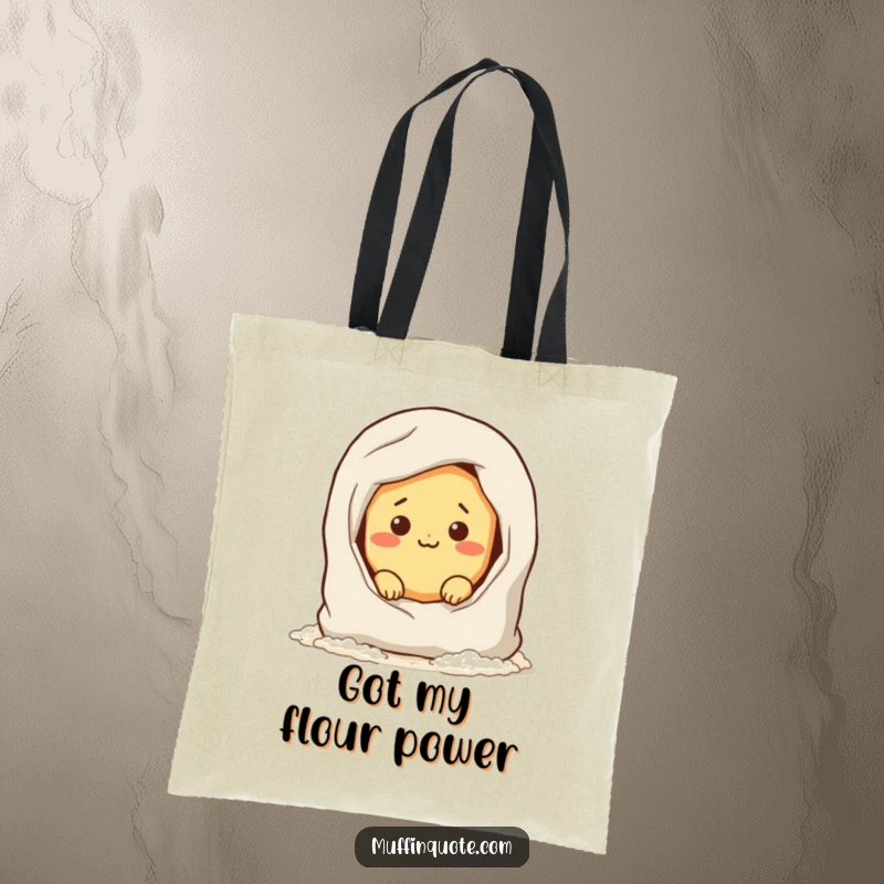 Funny tote bag featuring a mischievous bread roll character hiding in a flour bag, great for carrying essentials with a dose of bakery humor.