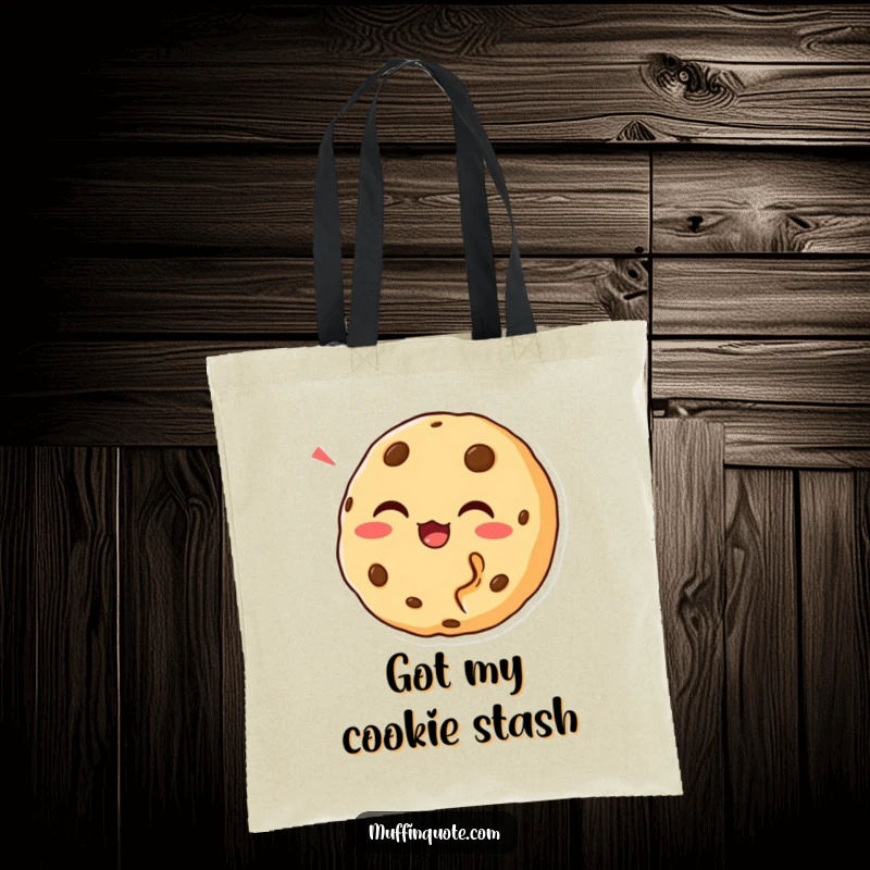 Funny Cookie Bite Tote Bag with a laughing cookie character, ideal for shopping and as a unique funny gift.