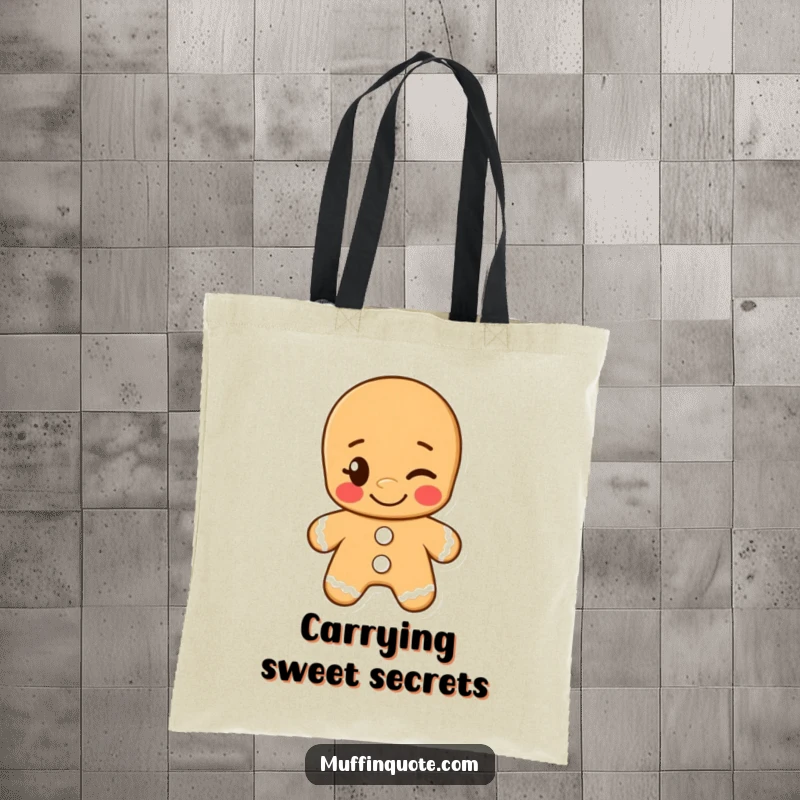 Funny tote bag featuring a grinning gingerbread man winking cheekily, great for carrying goodies with a festive and humorous touch.