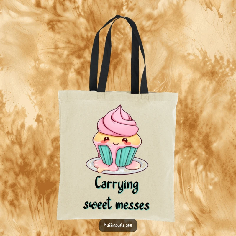 Funny cupcake tote bag with a character showing frosting dripping, a humorous and practical everyday bag.