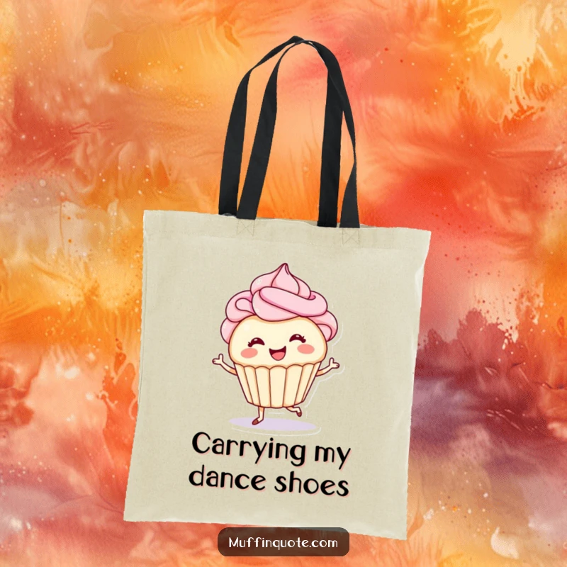 Funny tote bag showcasing a smiling cupcake with frosting hair tap-dancing happily, a humorous accessory for carrying daily essentials.