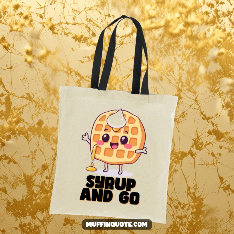 Funny, happy waffle character with syrup dripping, doing a little jig, on a practical tote bag.