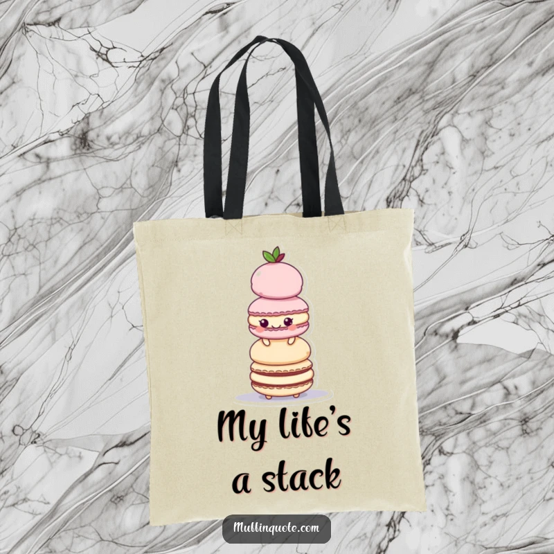 Funny Tote Bag: A playful macaroon character stacks colorful treats high, ready to carry your items.